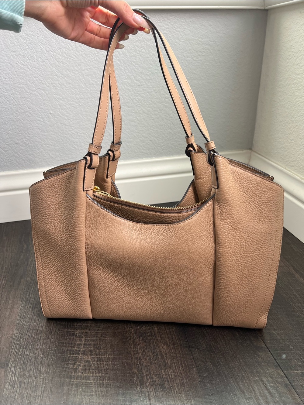 Donna Karan Pebbled Leather Shoulder Tote in Nude Beige